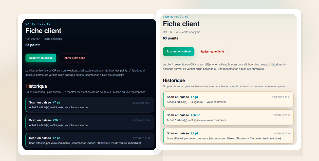 Interface Fiche client Nolynka en mode clair et mode sombre : 63 points, scanner en caisse, historique des scans
