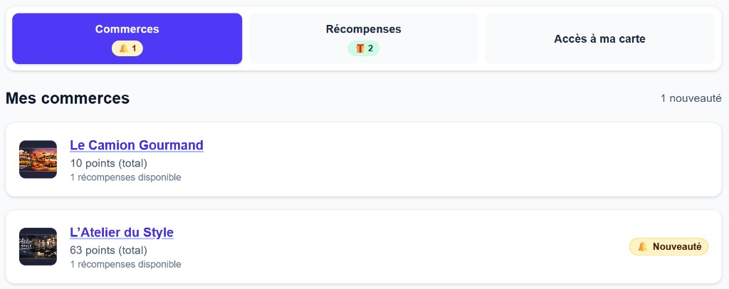 Espace client Nolynka : liste Mes commerces avec badge Nouveauté sur un commerce ayant publié une annonce