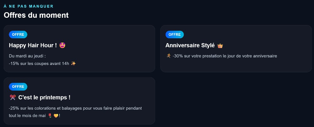 Page publique d'un commerce Nolynka : offres du moment Happy Hair Hour, Anniversaire stylé et promotion printemps