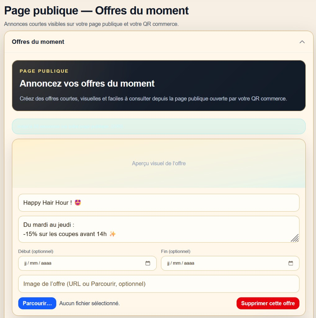 Interface Page publique Nolynka : création d'une offre du moment avec titre, description, dates et image