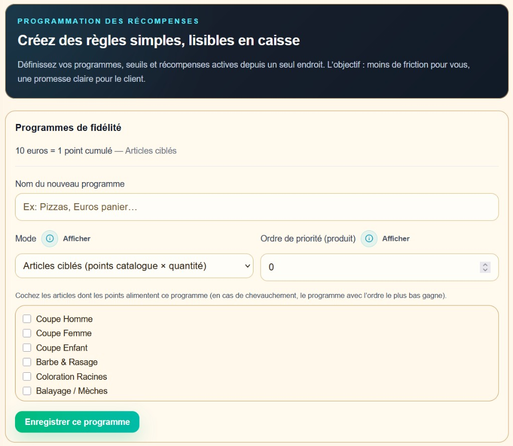 Interface Fidélité et récompenses Nolynka : programmation des règles, création de programme articles ciblés et sélection du catalogue