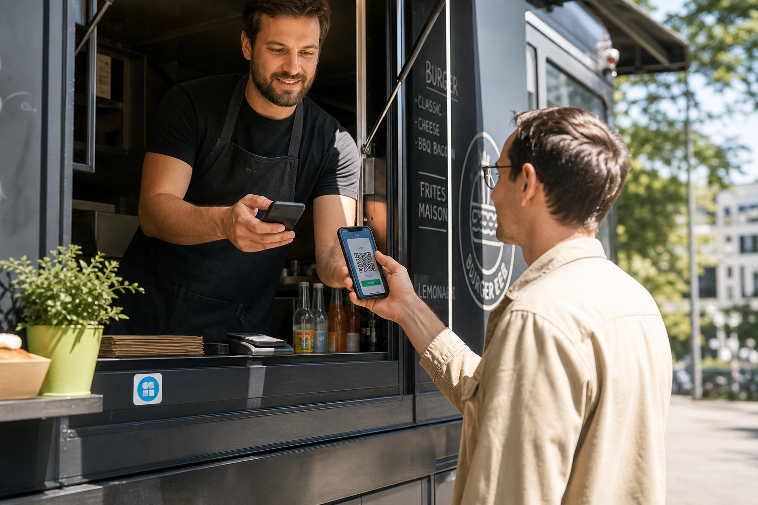 Gérant de food truck scannant un QR avec son téléphone — réseau Nolynka