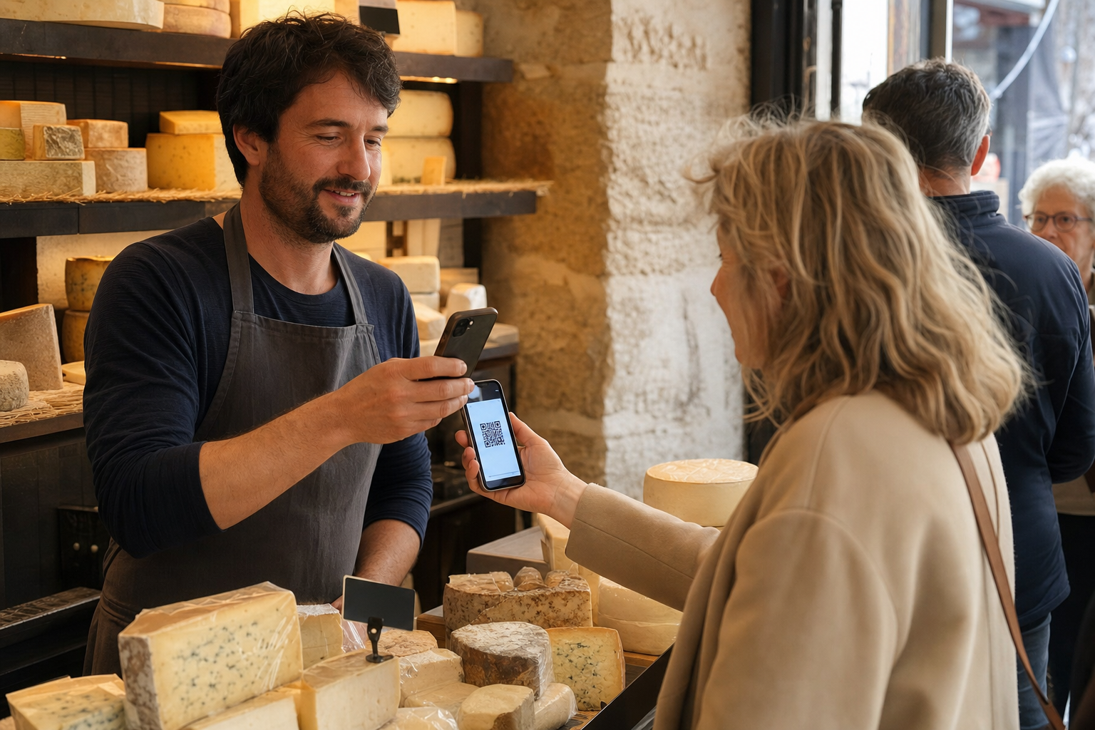 Fromager scannant le QR fidélité avec son smartphone
